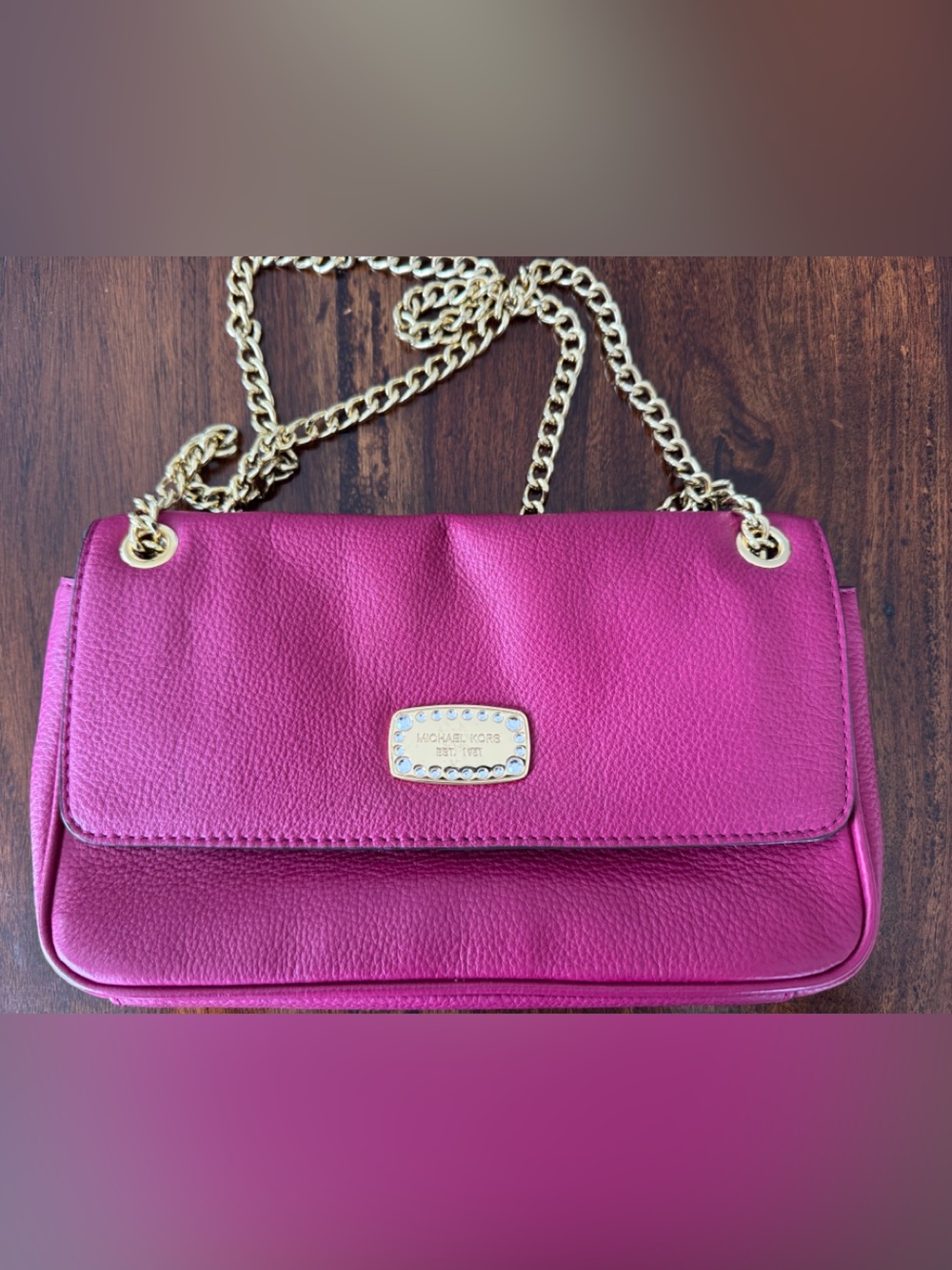 Michael Kors Hot Pink Leather Crossbody with Gold Chain